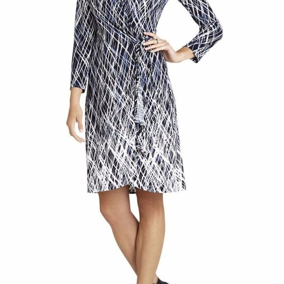 BCBGMAXAZRIA DARK NAVY COMBO ADELE PRINTED WRAP DRESS Long Sleeve - Picture 3 of 5